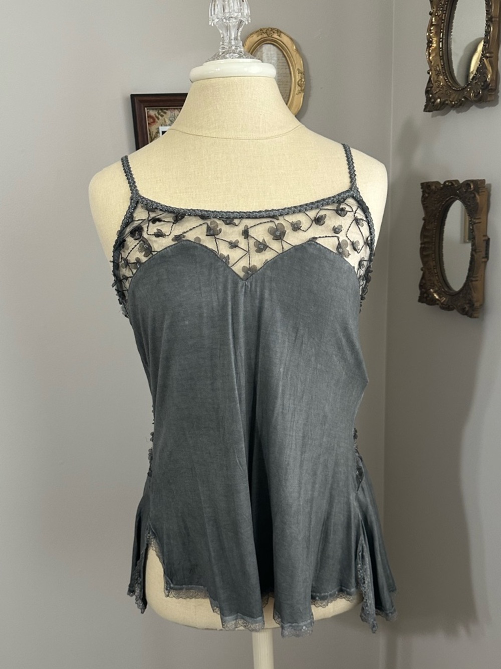 POL Charcoal Gray Sheer Embroidered Babydoll Camisole